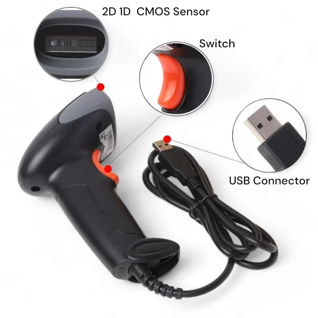 Atpos AT 2200D 2D Barcode QR Scanner Wired | USB Wired | Billing for Retail Stores, Warehouse | Plug and Play (2D+1D Wired)