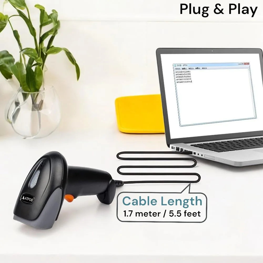 Atpos AT 2200D 2D Barcode QR Scanner Wired | USB Wired | Billing for Retail Stores, Warehouse | Plug and Play (2D+1D Wired)